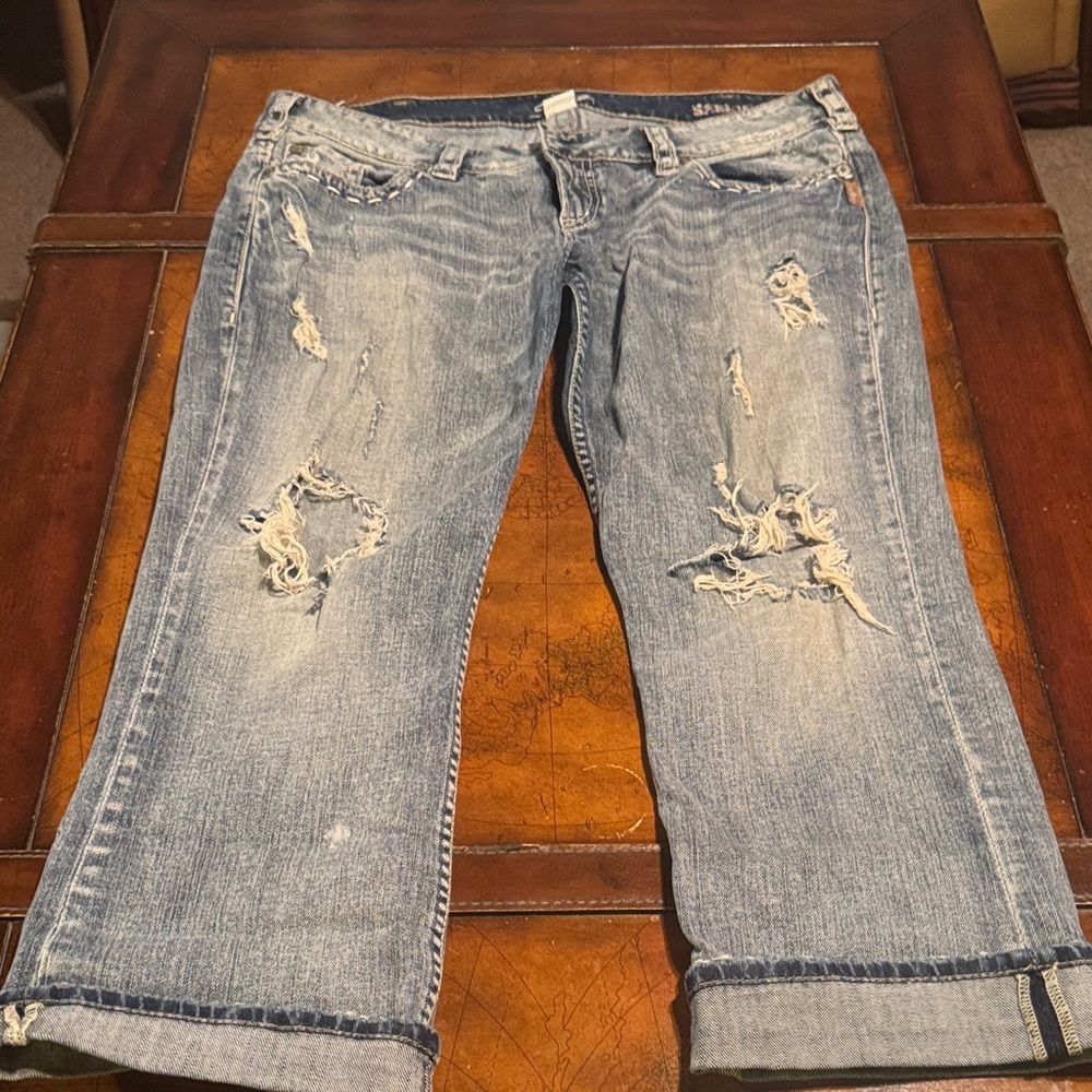 Silver Jeans Light Blue Distressed Cropped Jeans